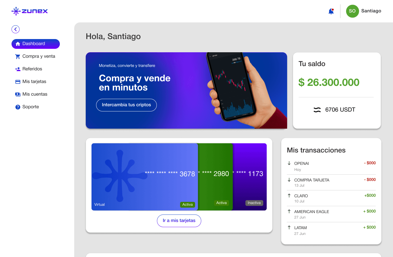 Panel de control de Zunex mostrando saldo y transacciones