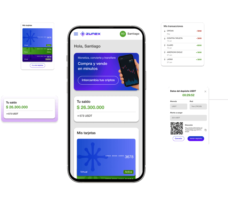 Aplicación de Zunex mostrando saldo, tarjetas y transacciones en el teléfono
